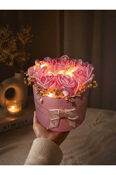 oncelbloom 8'Li Pembe Gül Aranjmanı Led Işıklı Pembe Kutulu El Yapımı Saten H...