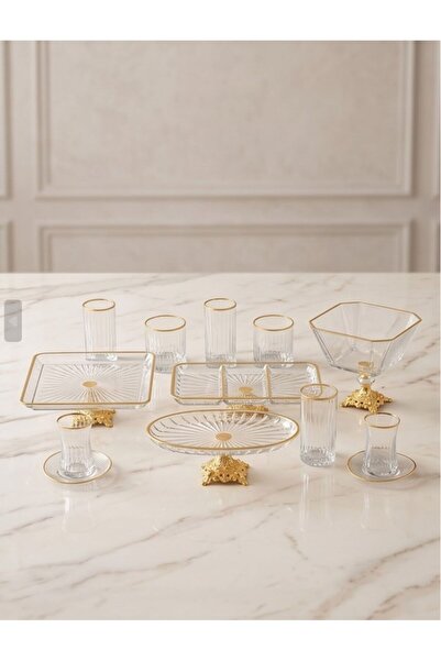 ASSA BAZAAR 28 Piece Glass Serving Set and Cup Set with Gold Feet, Dowry Box,...