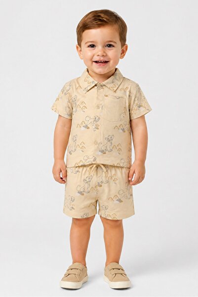 Disney Toddlers Boy 2 Pcs Allover Print Polo Shirt And Short Set, Beige