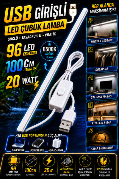 nelerbulurum USB Girişli 100 Cm 96 Led 20 Watt Akvaryum Led Lamba 6500K Soğuk...