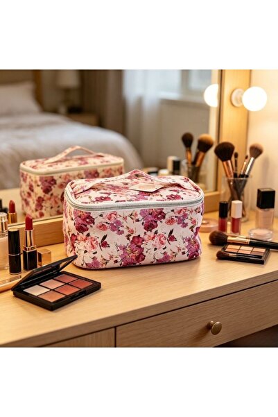 idei Geantă Cosmetică Dreptunghiulară PU cu Imprimeu Trandafiri Roz pe Fundal...