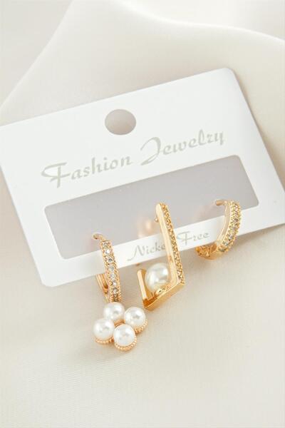 ZERO LAND Svl-Shop 3 Pieces Flower Pearl Zircon (70250) Stone Earrings-Yellow