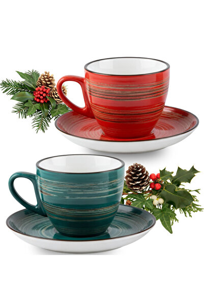 WILMAX ENGLAND Set 2 cești cafea/2 farfurii, 300 ml, roșu/verde, porțelan, Co...