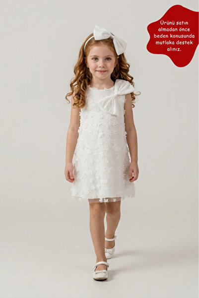 Eray Kids White Floral Applique Detailed Girls' Dress - Stylish Special Occas...