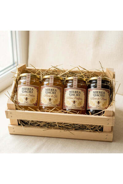 MIEREA DACIEI Cutie Rustică — 4x500g în Ladă Lemn