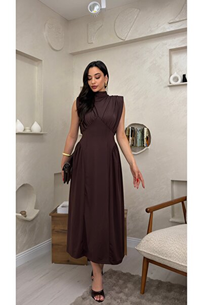 miraylawear Nicolette Fiyonk Yaka Detaylı Kahve Renkli Kadın Midi Elbise