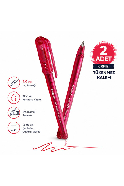 Pensan My-Pen BALL 1.0 Kırmızı Tükenmez Kalem 2'li Avantaj Paketi | Akıcı Yaz...
