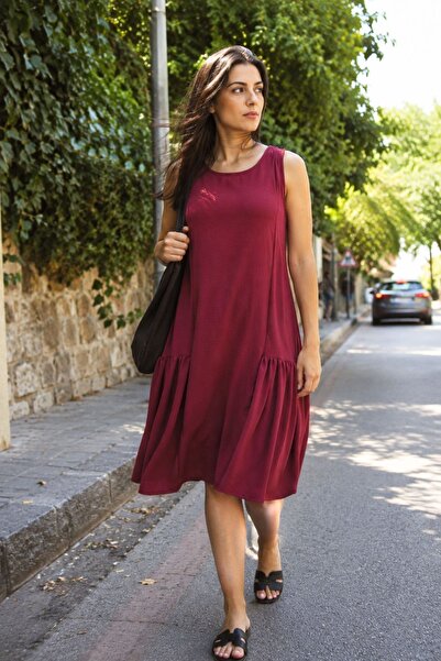 armonika Women's Burgundy Side Gathered Sleeveless Midi Dress Arm-26Y001124