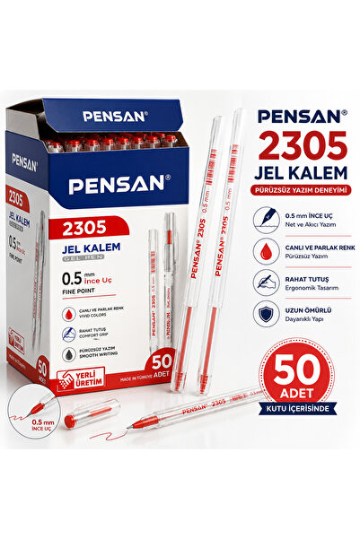 Pensan 2305 Kırmızı Jel Kalem 0.5 mm 50'li Kutu | Akıcı Yazım, İnce Uç, Okul ...