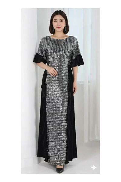 FULLJOY Elegant long women's dress with a shimmering pattern and short, wide ...