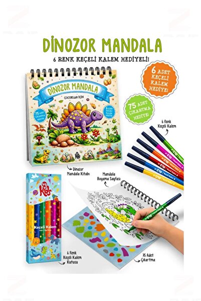 Fabrika Yayıncılık Dinosaur Mandala for Kids - 6 Color Felt-Tip Pens and 75 S...