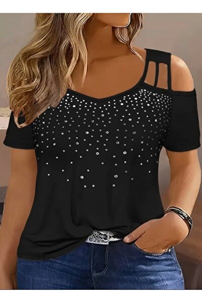 Gökyüzü Moda بلوزة نسائية قصيرة الأكمام مكشوفة الأكتاف من الفيسكوز المرصع بال...