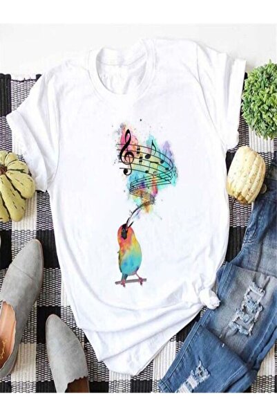 COZYWEAR Colorful Bird and Music Notes Printed T-Shirt