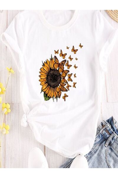 COZYWEAR تي شيرت كبير الحجم مطبوع عليه زهرة الشمس والفراشة