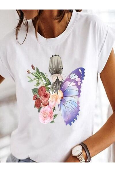 COZYWEAR Flower and Butterfly Patterned Women's T-Shirt