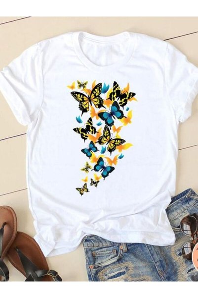 vorena Colorful Butterfly Printed White T-Shirt