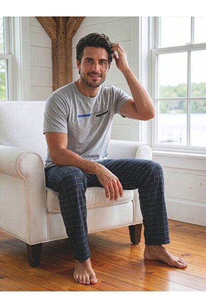 STELLAPİNK Men's Combed Cotton Short Sleeve Knitted Pajama Set - Gray