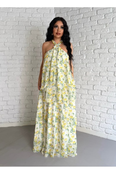 moneta boutique Women's Rose Detailed Lemon Patterned Layered Long Dress