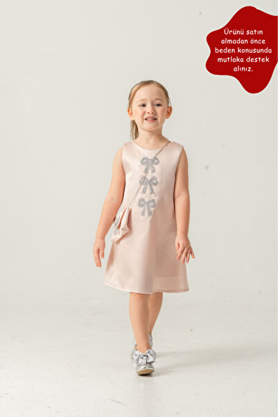 Eray Kids Girl's Satin Bow Detailed Evening Dress and Bag Set