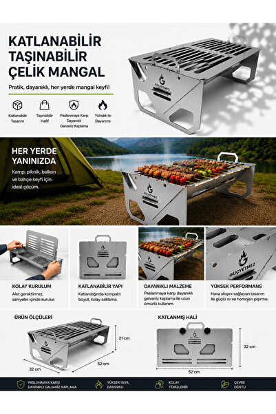 EyluX Shop Galvaniz Çelik Mangal Katlanabilir Izgaralı,Taşınabilir, Dayanıklı...