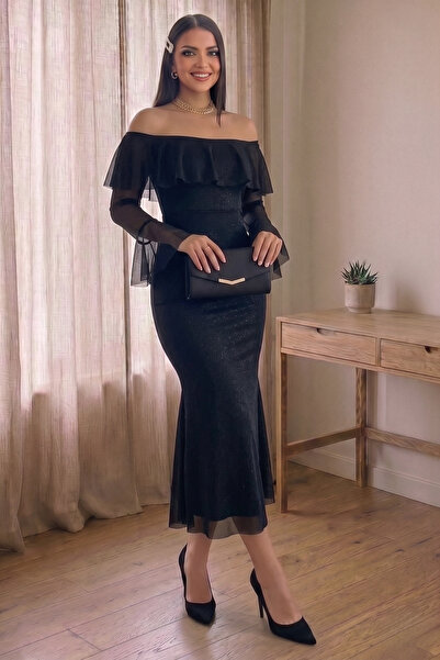 ALFUDO Moda Collection Glitter Tulle Fabric Long Sleeve Graduation Flounce Ne...