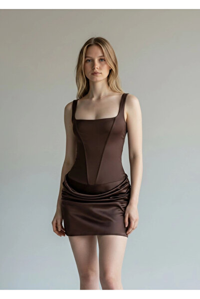 Zora Butik Eteği Drape Bodysuit Elbise - KAHVE