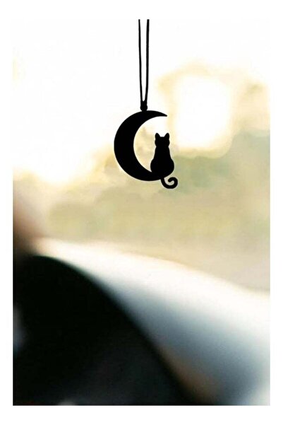 Mirfa Rearview Mirror Hanging Pendant - Wood - Black (Cat On Crescent)