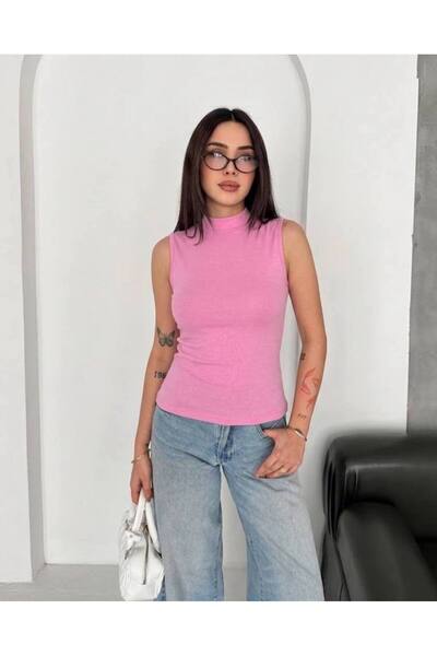 HELMİRA Kadın Pembe Balıkçı Yaka Esnek Likralı Kumaş Sıfır Kol Body Bluz