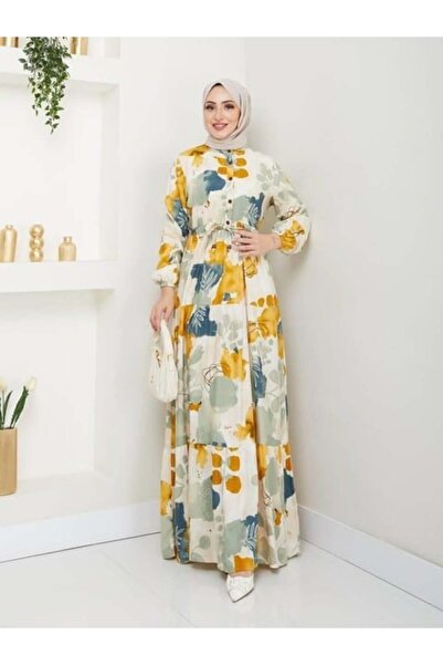 Elaxi Women's floral print summer long sleeve cotton viscose hijab dress