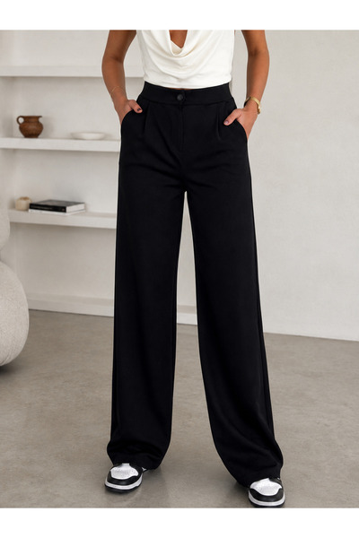 Fioria Women's Black High Waist Button Closure Lycra Pleated Palazzo Knitted ...