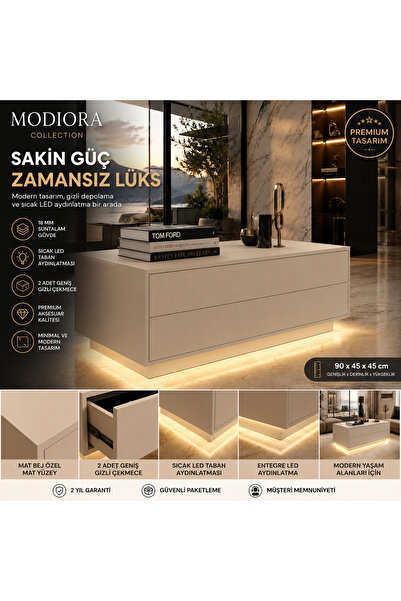 Modiora Premium LED Tabanlı Orta Sehpa Gizli Çekmeceli Modern Salon Sehpası B...
