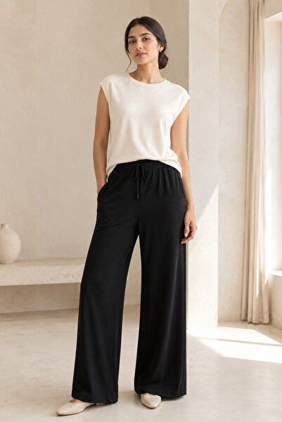 Ivoire Wear Black Modal Blend Lace-Up Wide Leg Women's Sweatpants