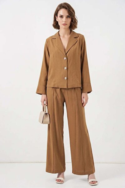ALFA AKSESUAR 03 Women's Classic Collar Buttoned Jacket Wide Leg Pants Viscos...