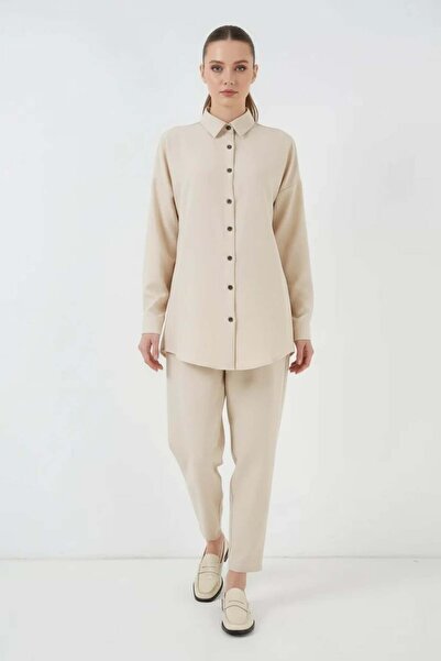 ALFA AKSESUAR 03 Women's Shirt Collar Buttoned Linen Cream Double Set