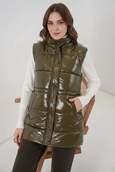 ALFA AKSESUAR 03 Women's High Collar Shiny Inflatable Khaki Vest
