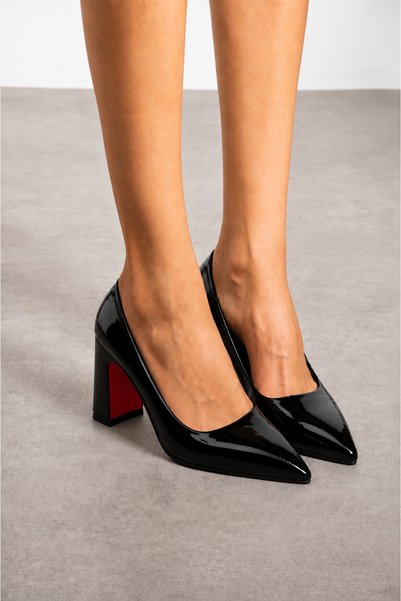 TrendWalk Black Patent Leather Thick Heeled Women's Stiletto Shoes Daily and Special Occasion Evening Dress Shoes 9 cm Heel