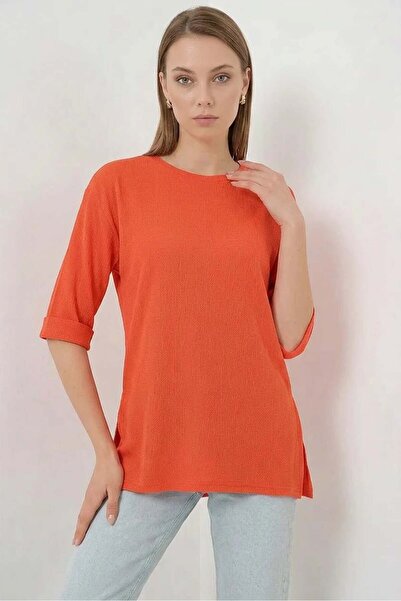 ALFA AKSESUAR 03 Women's Round Neck Orange T-Shirt with Side Slits