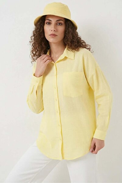 ALFA AKSESUAR 03 Women's Single Pocket Oversize Viscose Light Yellow Shirt