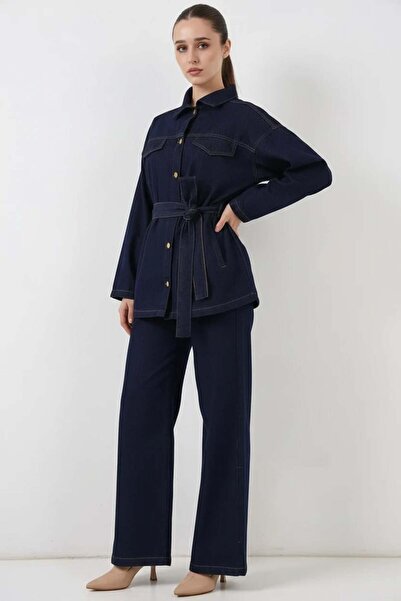 ALFA AKSESUAR 03 Women's Shirt Collar Belted Cotton Navy Blue Double Set