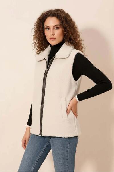 ALFA AKSESUAR 03 Women's Shirt Collar Plush White Vest