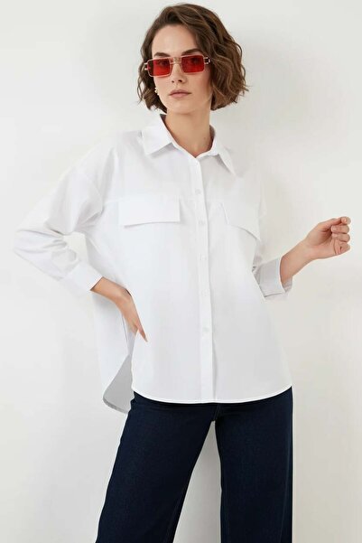 Generic Brand Women's Oversized Cotton White Shirt with Pocket Detail