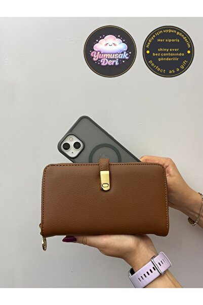 shiny ever Gold Detailed Tan Leather Women's Wallet Handbag with Phone Compar...
