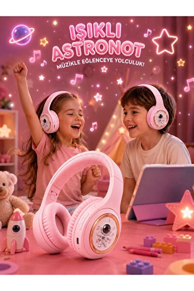kawigo Işıklı Pembe Renk Astronot Bluetooth Kulaklık LED Tasarım Kablosuz Kul...