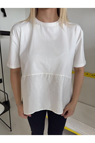 Bade Butik Ecru Oversized T-Shirt with Stitching Detail