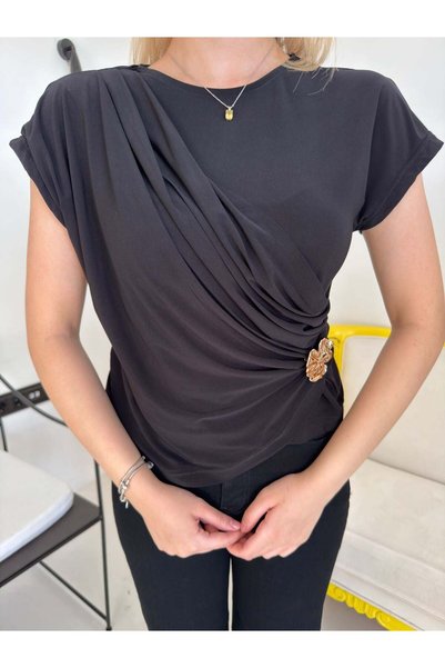 Bade Butik Black Gold Buckle Draped Blouse