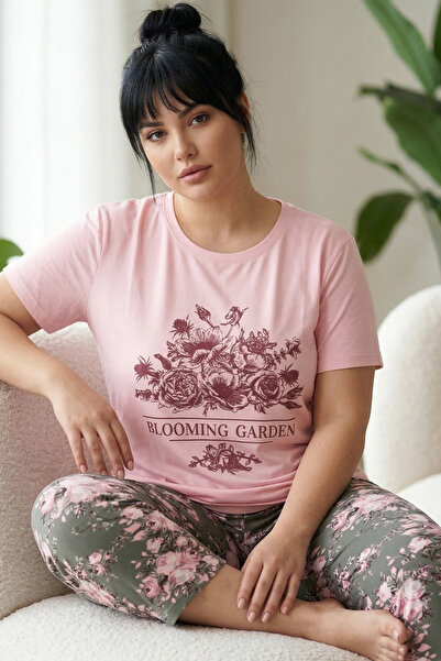 Siyah İnci Set de pijamale Capri tricotate din bumbac cu model, mărime mare, ...