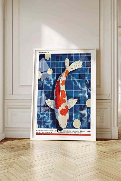 Buka Shops Koi Fish Painting Blue Pond – Modern Illustration Art Poster – Whi...