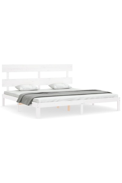 vidaxl Cadru de pat cu tăblie Super King Size, alb, lemn masiv