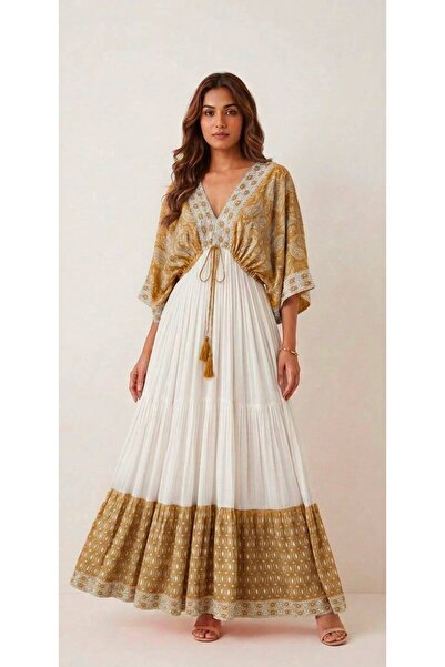 moda gk V-Neck Ethnic Patterned Imported Maxi Dress