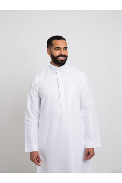 Alshiaka By Styli Men Classic Zippered Qalab Thobe, White - 55inches